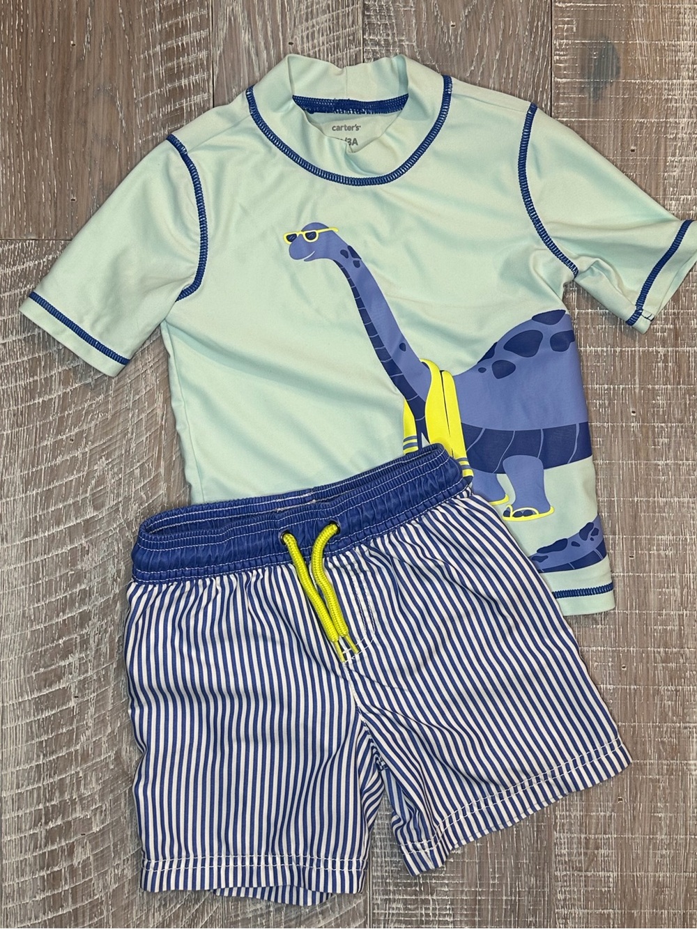 Carter's Blue & Light Green Dino Rash Guard Swim Set